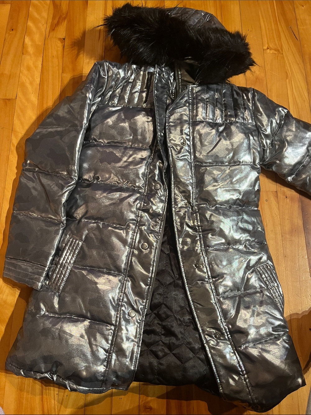 Appaman Camo Silver Metallic Puffer Coat with Faux Fur Hood